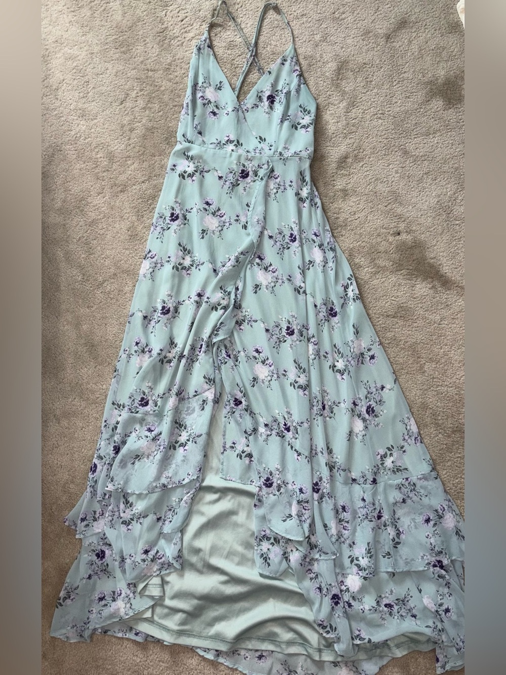Floral Flowy Maxi Dress in a Minty Blue with Purple Florals